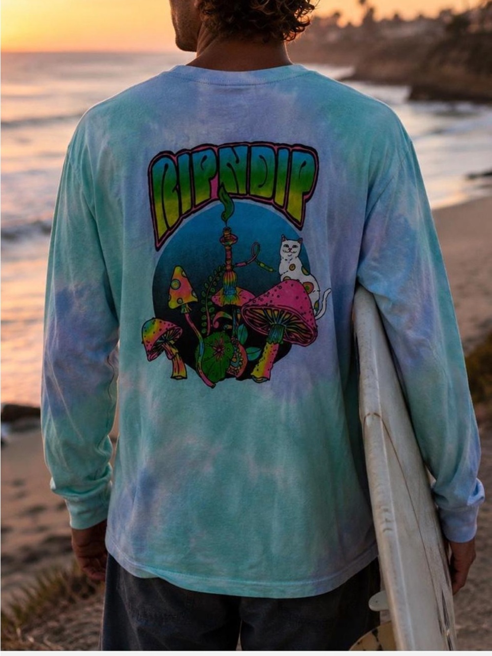 Ripndip Tie-Dye Long Sleeve Alice Psychedelic White Cat Teen Surf Skate